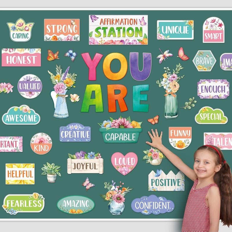 Weekgrat 45pcs Spring Bulletin Board Set Motivational Posters Classroom Mirror Growth Mindset Decor Positive Affirmations Accents Flower Cutouts for School Office Home Teacher Wall - Image 2